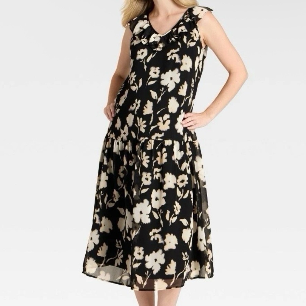 Beautiful Sleeveless Black Floral Midi Dress with Cream Blooms Maternity